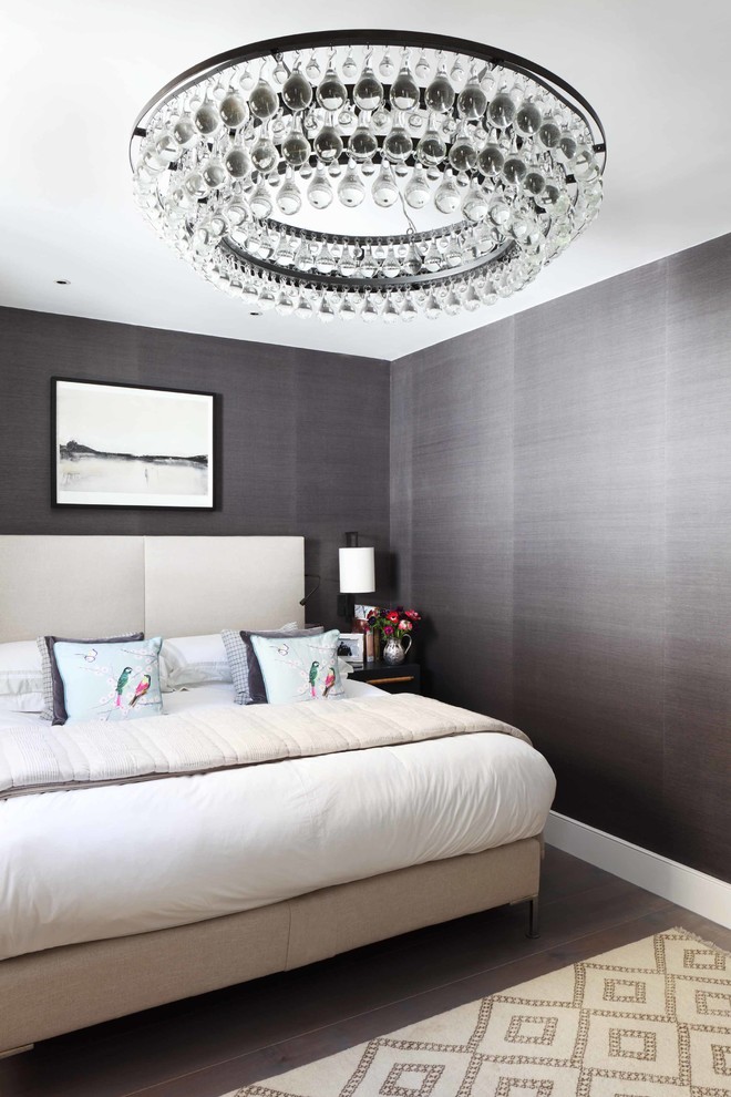 Design ideas for a contemporary master bedroom in London with grey walls and no fireplace.