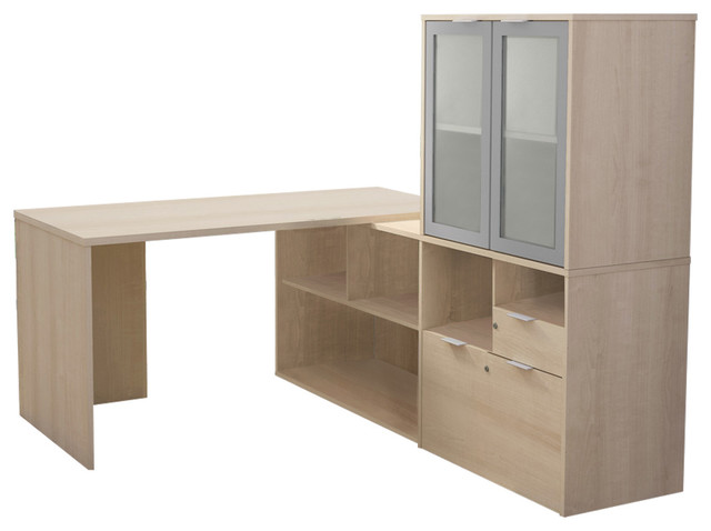 I3 Plus L Desk With Frosted Glass Door Hutch Contemporary