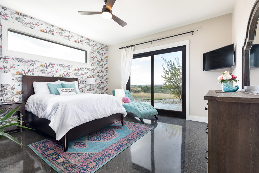 Inspiration for a mid-sized transitional guest bedroom in Columbus with concrete floors and wallpaper.