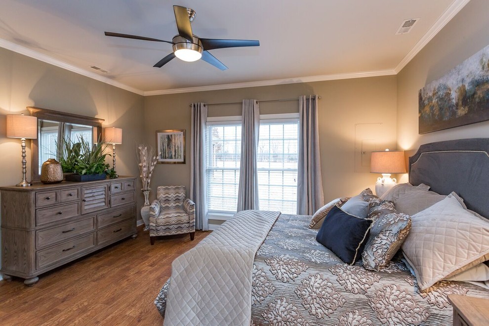 Transitional master bedroom in Nashville with beige walls, carpet and no fireplace.