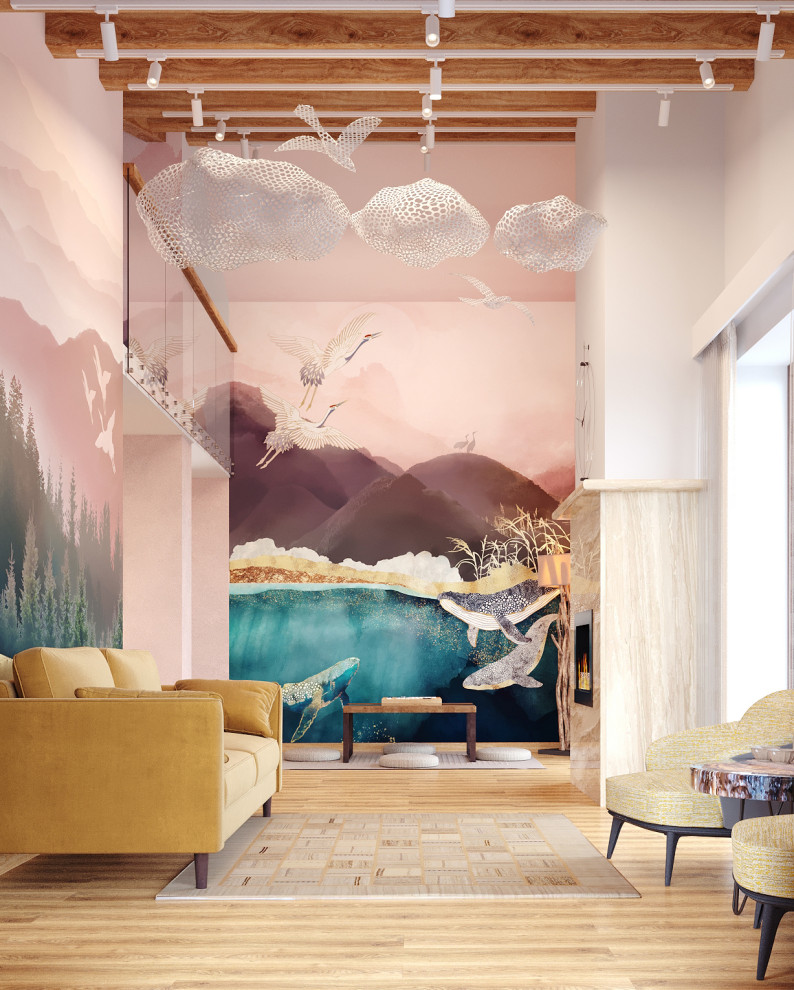 This is an example of a world-inspired living room in Other with pink walls and brown floors.