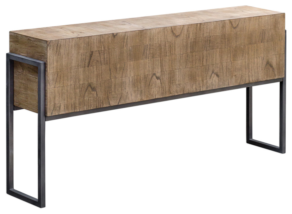 Luxe Minimalist Wood Block Slab Console Table Contemporary Modern Iron