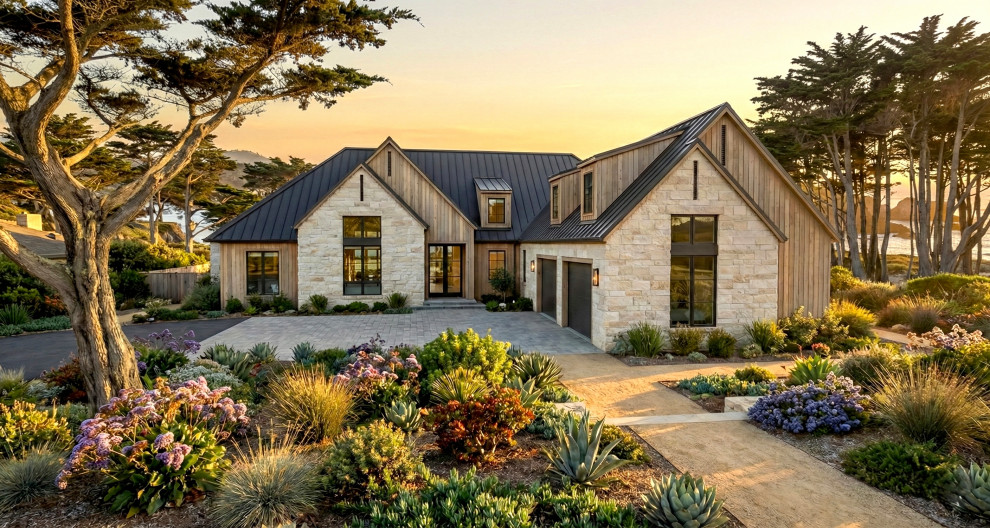 Mid-sized transitional multicolored one-story mixed siding gable roof idea with a metal roof and a black roof