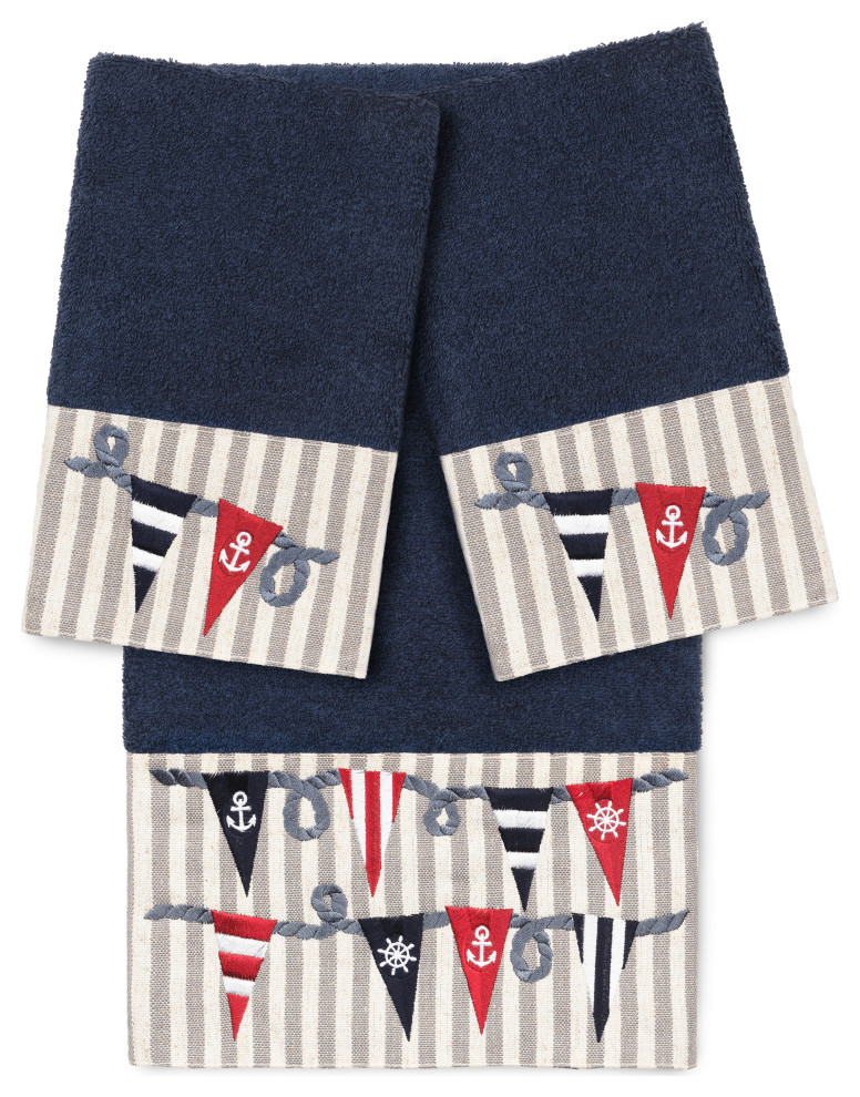 100 Turkish Cotton Ethan 3Piece Embellished Towel Set, Midnight Blue Bath Towels by Linum
