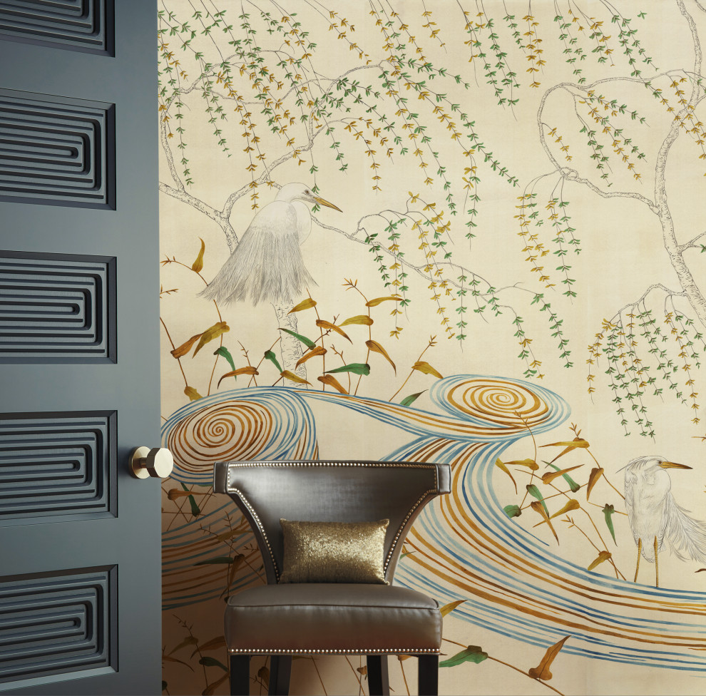 Kimono Asian Mural - "Kimono" Asian Mural is a Japanese-inspired scene with herons and willow trees with stylized wind pattern.