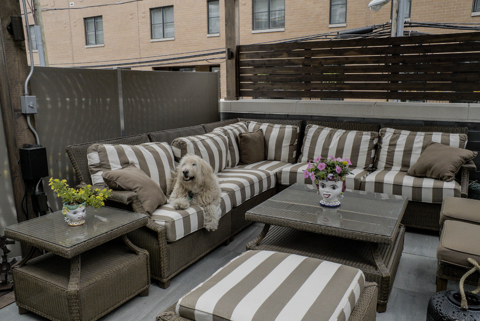 Photo of a small eclectic rooftop deck in Chicago with a container garden and a pergola.