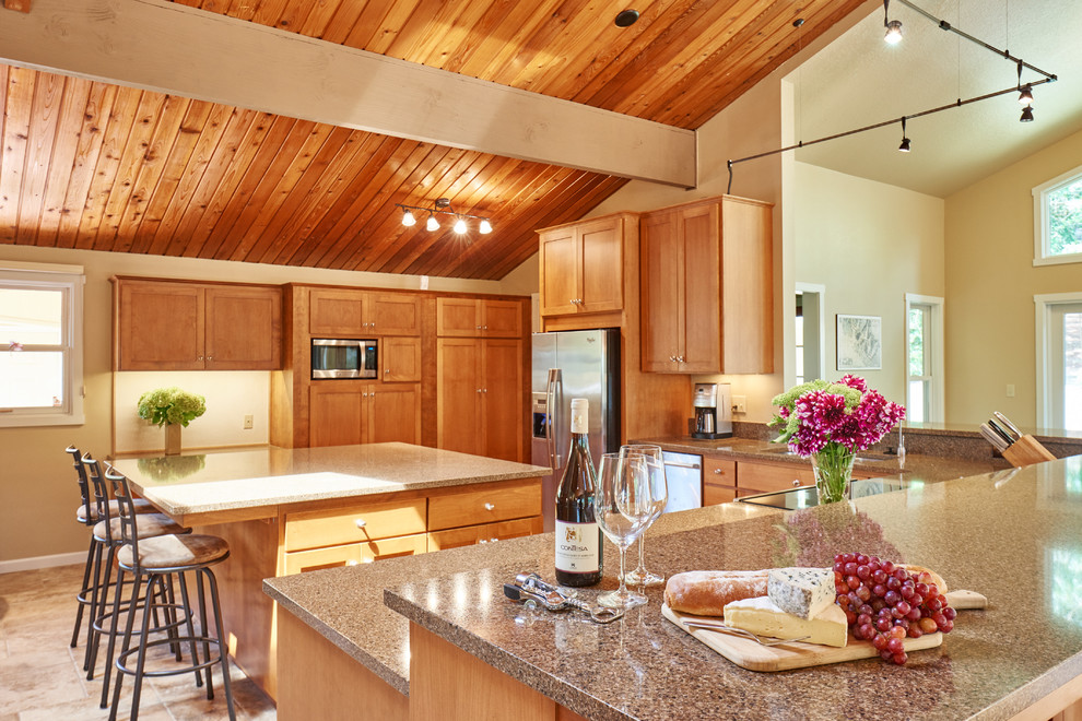 This is an example of a large contemporary open plan kitchen in Other with a double-bowl sink, shaker cabinets, medium wood cabinets, quartz benchtops, stainless steel appliances, ceramic floors and with island.
