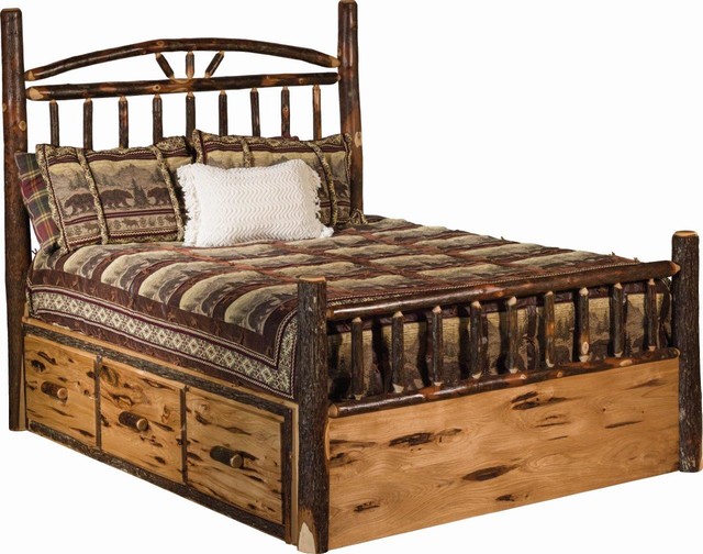 Hickory Log Wagon Wheel Storage Bed, Queen Bed Frame Without Wheels