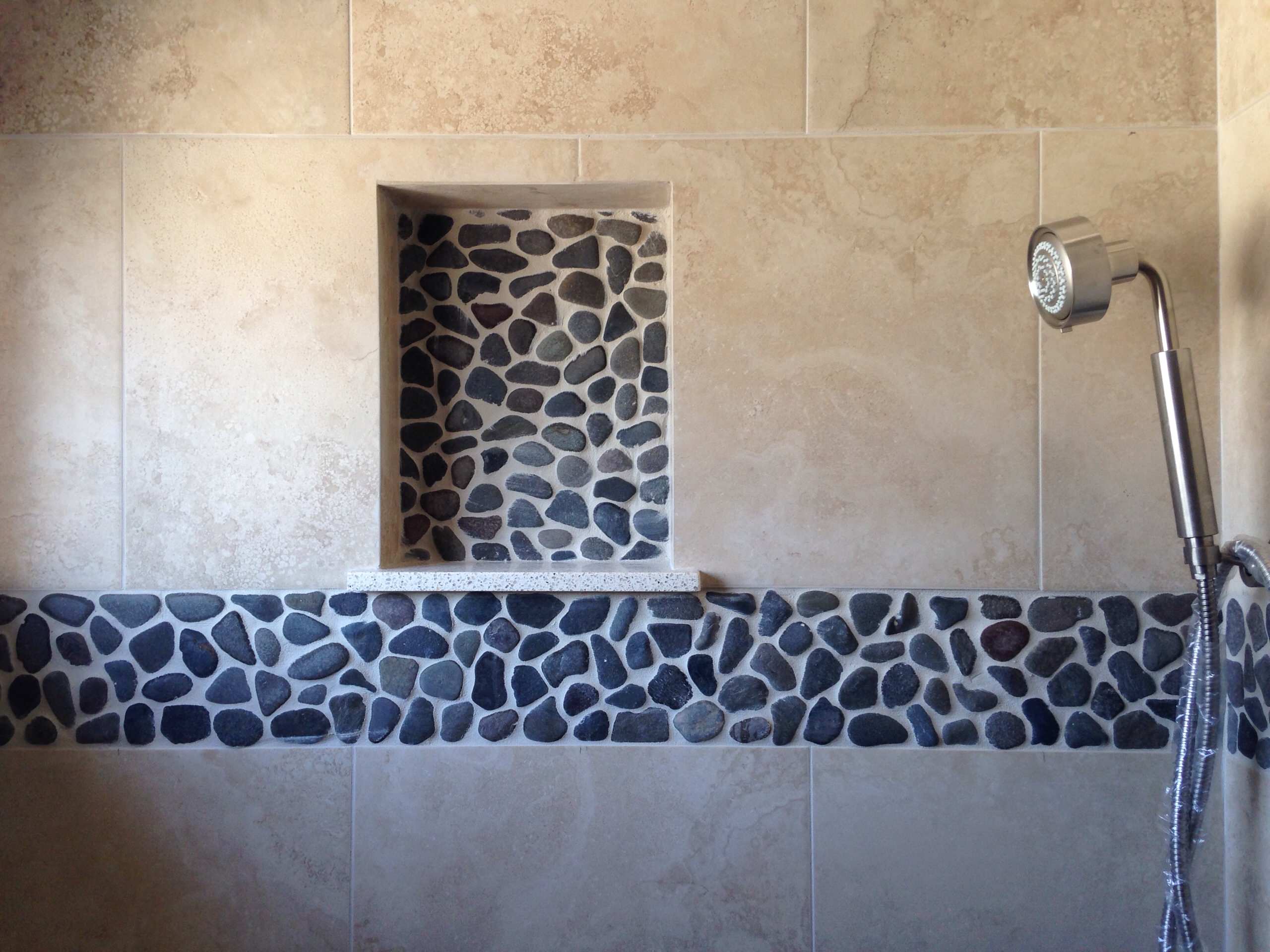 Shower Niche & Pebble Tile Accent