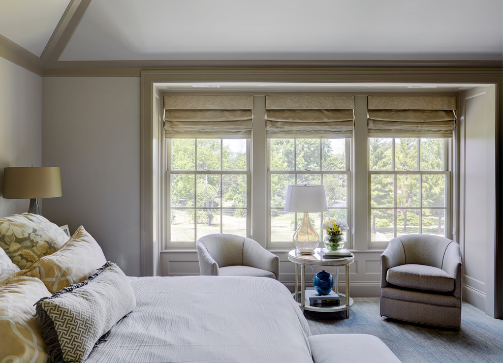 Mid-sized transitional master carpeted and gray floor bedroom photo with beige walls and no fireplace