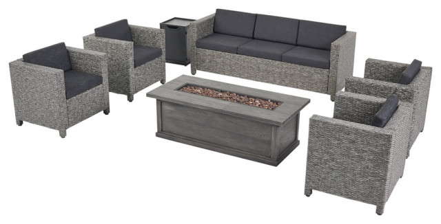 Simona Outdoor 7 Seater Wicker Set With, Black Rattan Gas Fire Pit Table