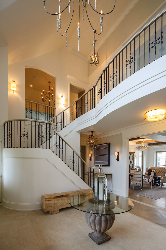 Foyer - large transitional ceramic tile foyer idea in Boston with white walls and a dark wood front door