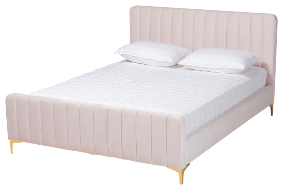 Kristiane Modern Luxe Light Pink Velvet Fabric and Gold Queen Platform Bed