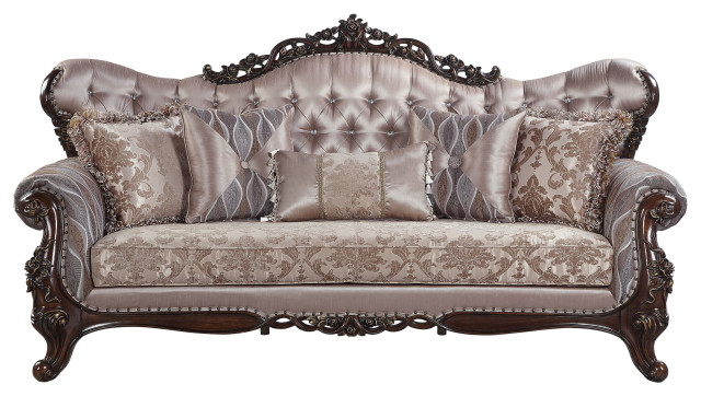 ACME Benbek Sofa With 5 Pillows, Fabric and Antique Oak Finish