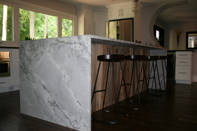 Quartz Waterfall Island Countertop Accented With Barnboard