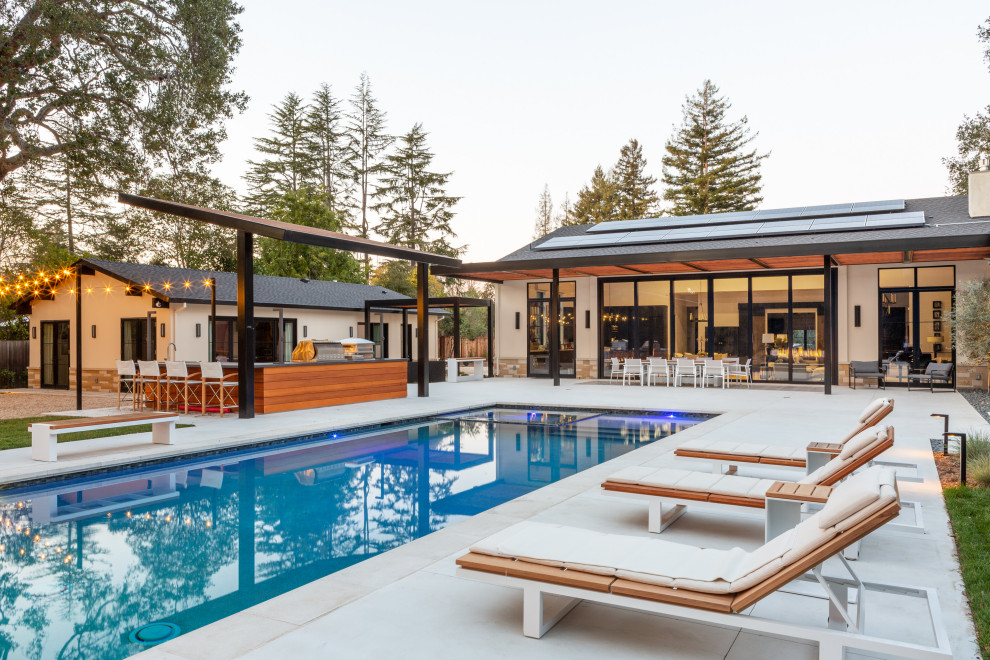 Foto di un'ampia piscina naturale minimalista personalizzata davanti casa con paesaggistica bordo piscina e pavimentazioni in cemento