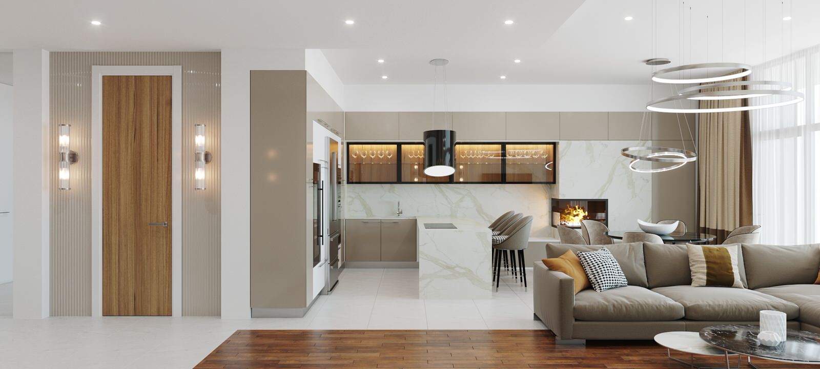 Кухня-гостиная в бежевых тонах