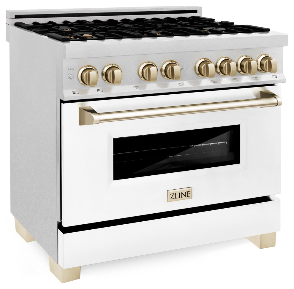 ZLINE Autograph 36" Dual Fuel Range, DuraSnow Stainless Steel Contemporary Gas Ranges And