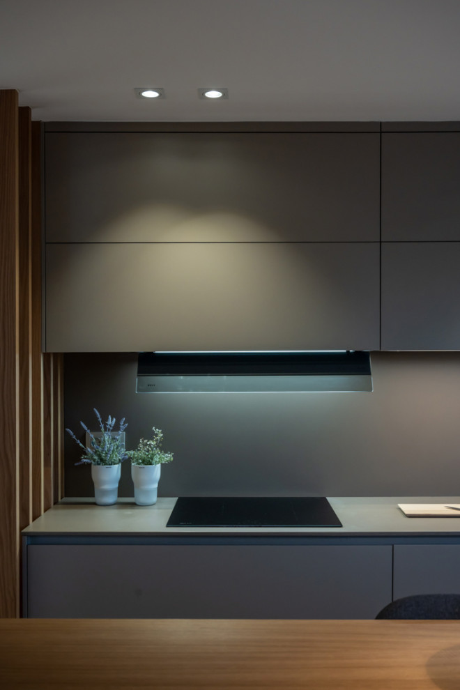 This is an example of a mid-sized contemporary single-wall open plan kitchen in Other with flat-panel cabinets, grey cabinets, quartz benchtops, grey splashback, a peninsula and grey benchtop.