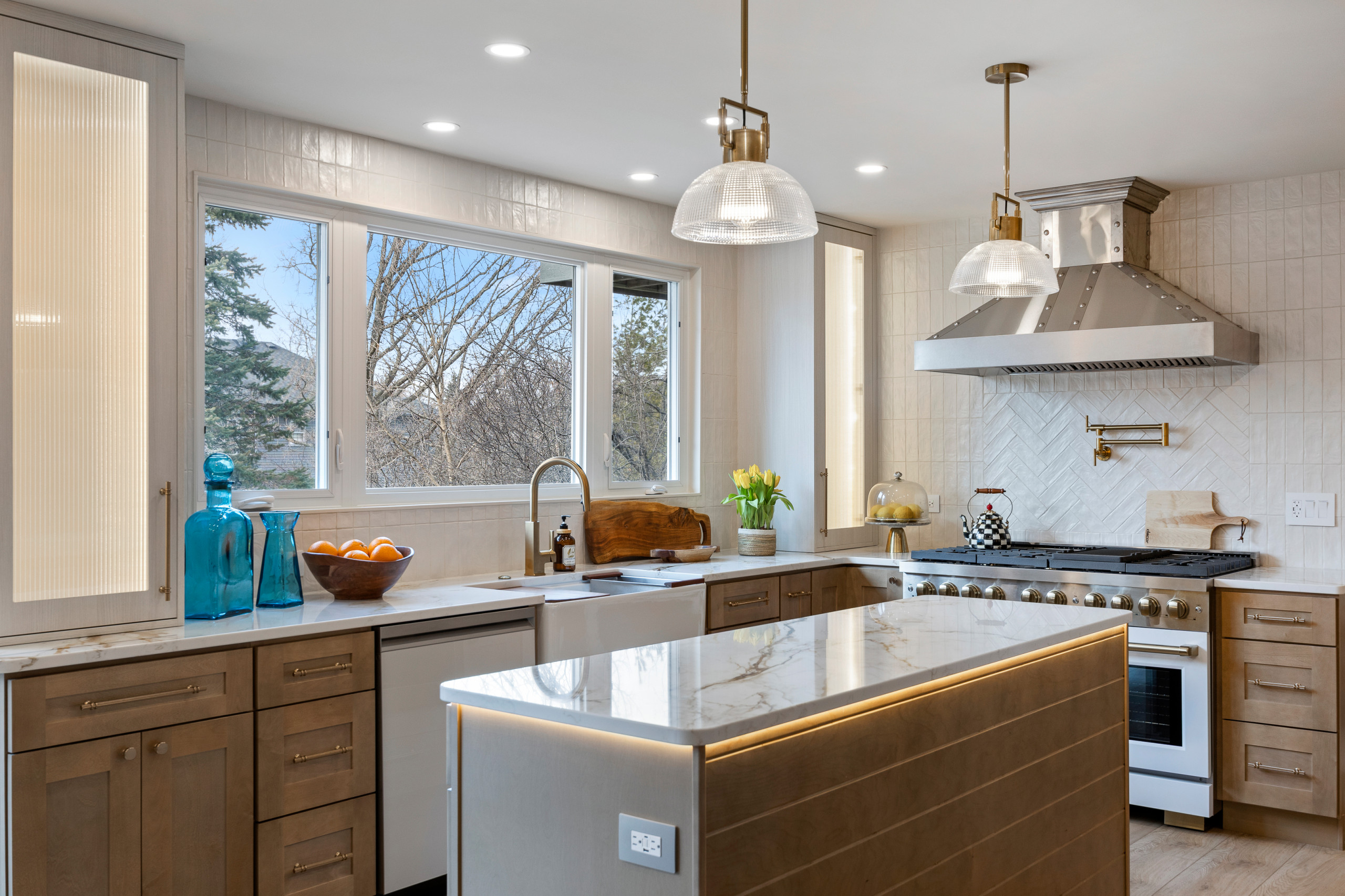 Kitchen featuring custom cabinetry, smart appliances, Fireclay Sink, smart Fauce