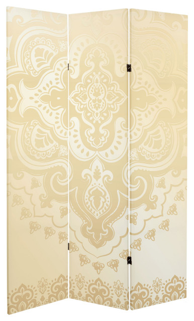 6' Tall Double Sided Ivory Indian Pattern Canvas Room Divider