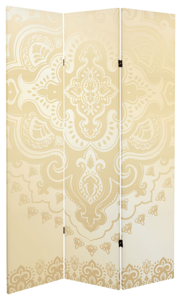 6' Tall Double Sided Ivory Indian Pattern Canvas Room Divider