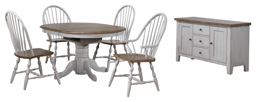 Round Extendable Dining Table Set, 2 Arm Chairs, Buffet, Distressed Gray/Brown