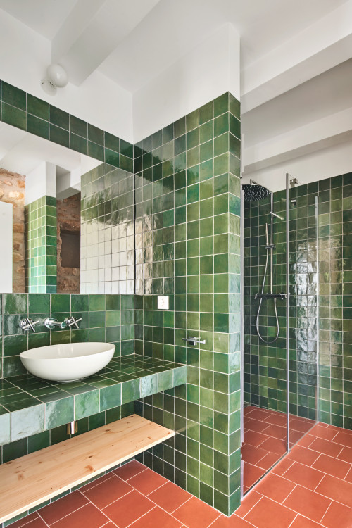 Green Zellige Wall Tiles with White Vessel Sink