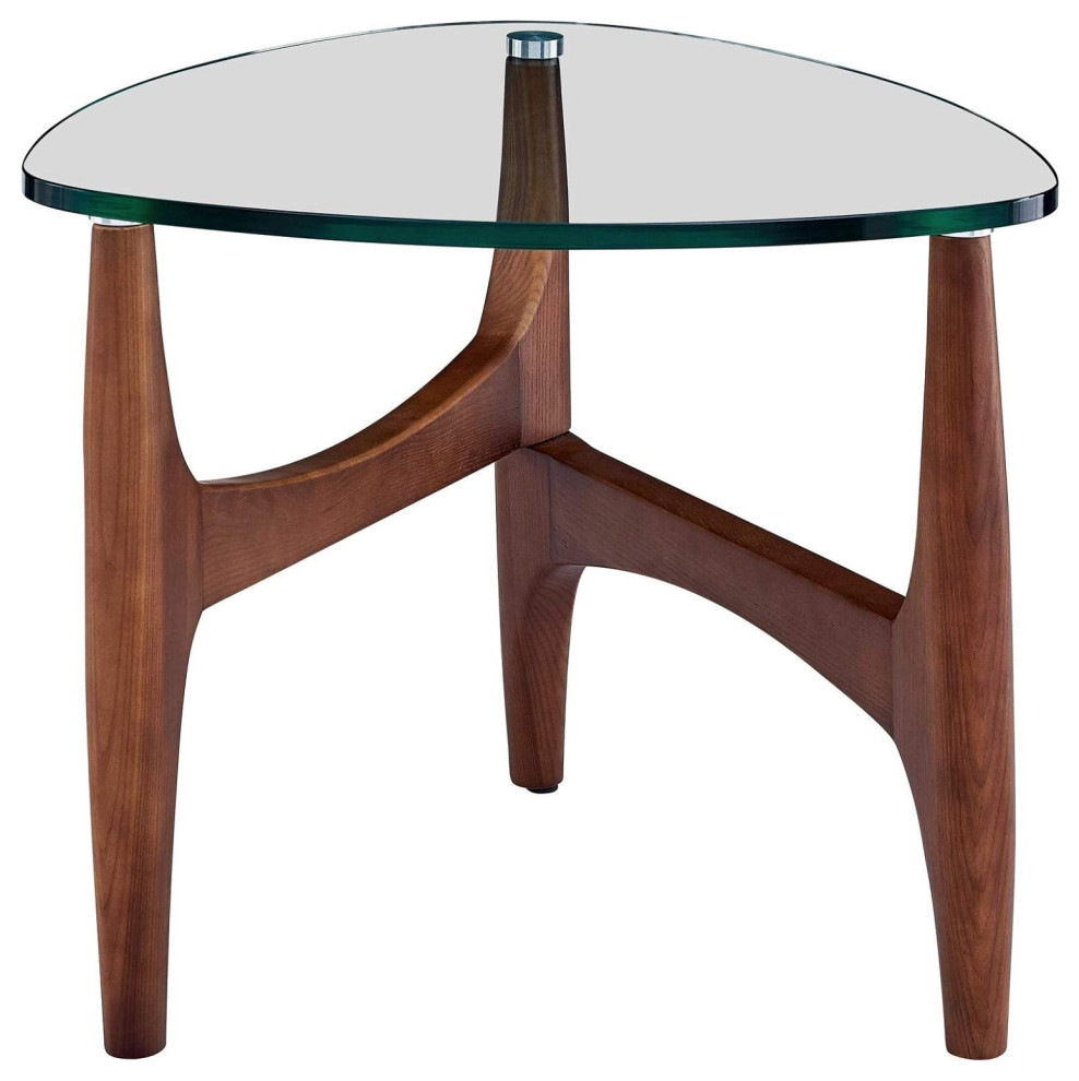 Contemporary End Table, Wooden Legs With Curved Tempered Glass Top, Walnut/Clear