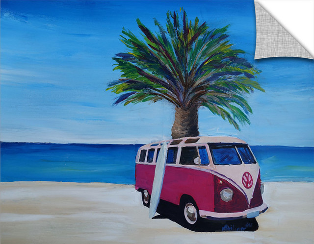 The Surf Bus Series, The Red VW Bulli on the Beach Decal, 14"x18"