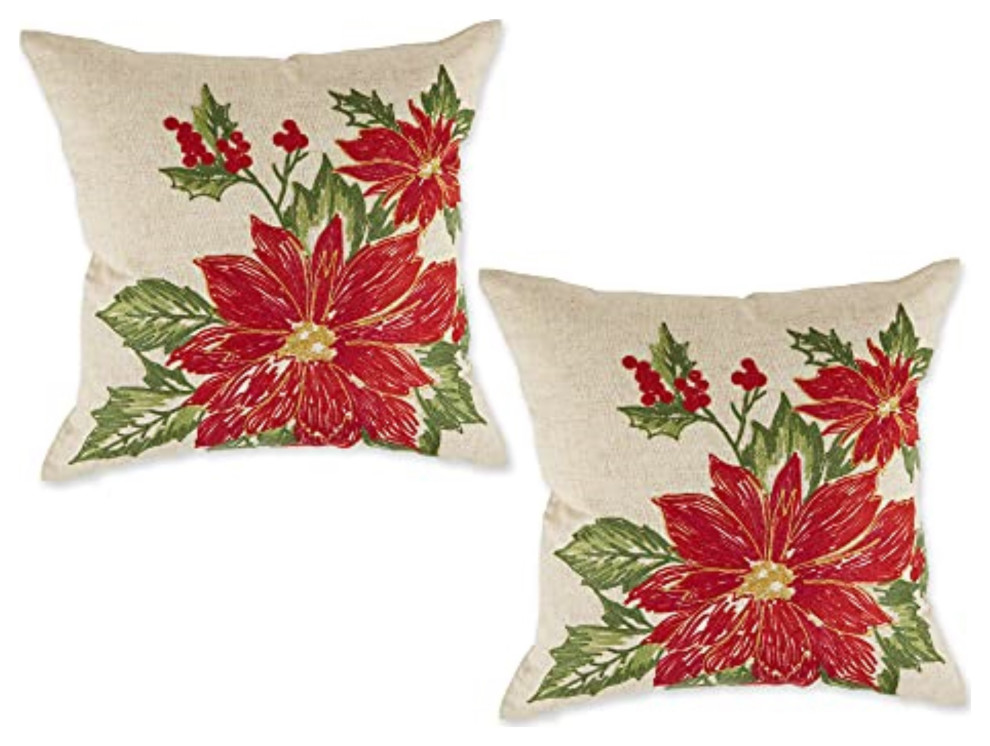 Dii Poinsettia Holly Embroidered Pillow Cover 18x18", Set of 2