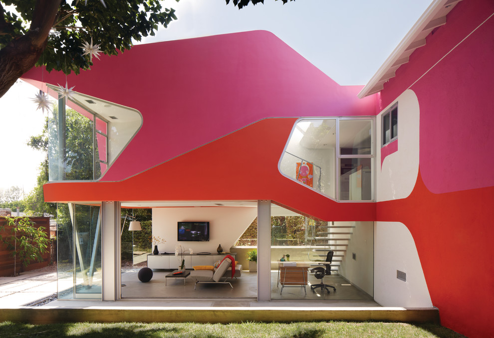 Inspiration for a contemporary pink exterior in Los Angeles.