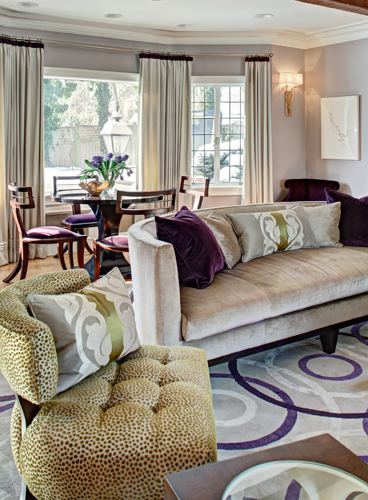 Example of a large transitional formal and enclosed light wood floor and brown floor living room design in New York with gray walls, no fireplace and no tv