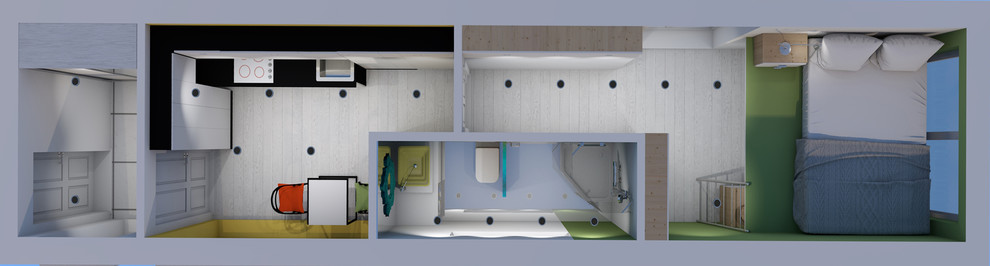 Трансформируемый интерьер контейнерного жилья в стиле "контемпорари".