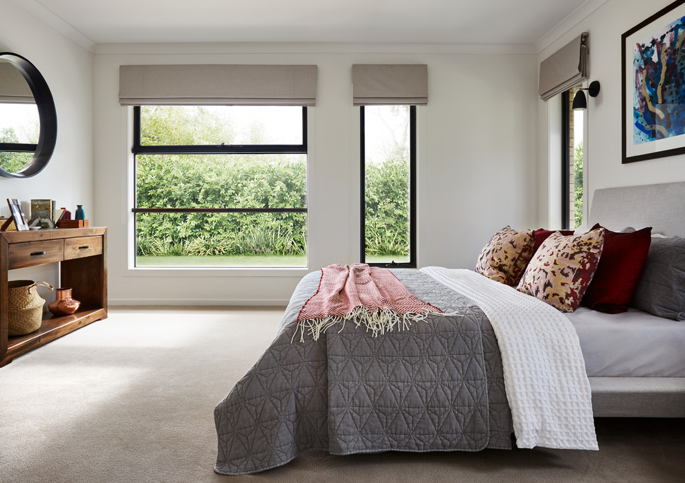 Design ideas for a contemporary guest bedroom in Melbourne with white walls, carpet and white floor.
