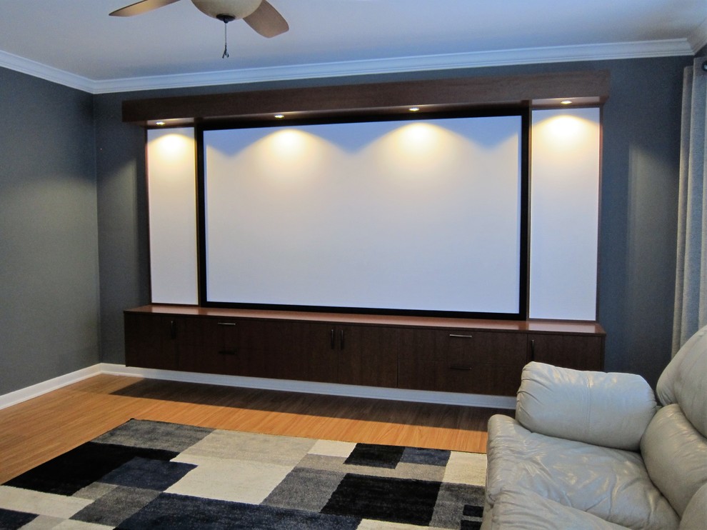 Inspiration for a large contemporary home theatre in Detroit with grey walls, vinyl floors, a projector screen and brown floor.