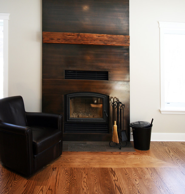 Copper Clad Fireplace With Reclaimed Wood Mantel Traditional