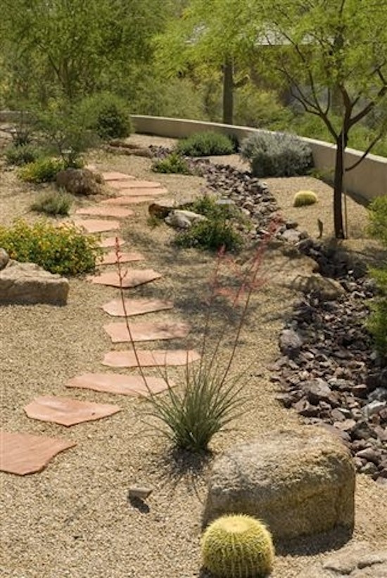Photo of a mid-sized backyard full sun garden for summer in Phoenix with with pond and natural stone pavers.