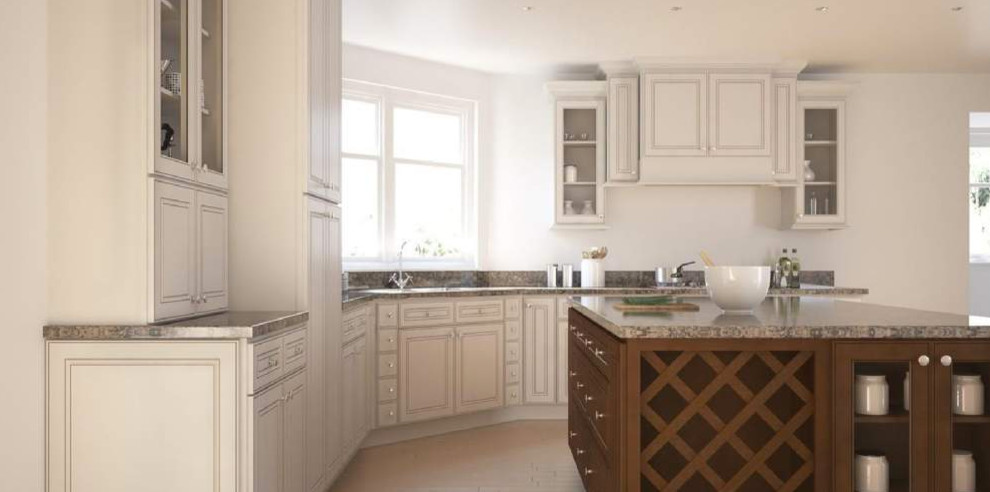 Inspiration for a mid-sized transitional l-shaped kitchen remodel with recessed-panel cabinets, white cabinets, quartz countertops, stainless steel appliances, an island and gray countertops