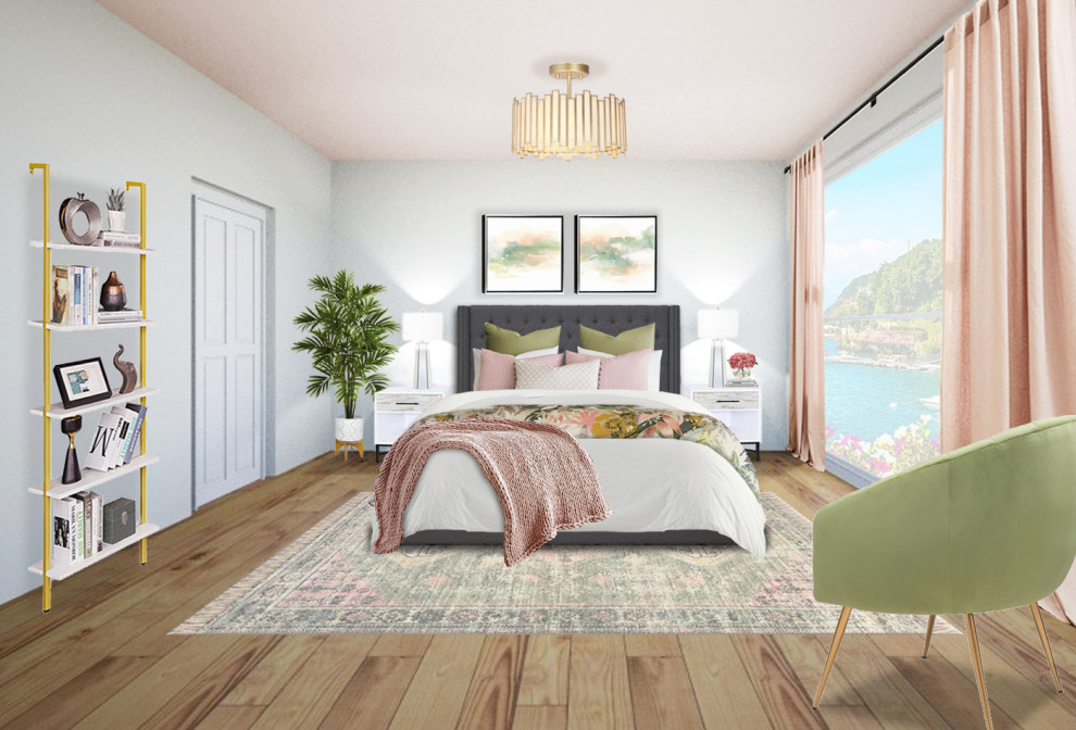 Foto di una camera matrimoniale design di medie dimensioni con pareti bianche e pavimento in legno massello medio