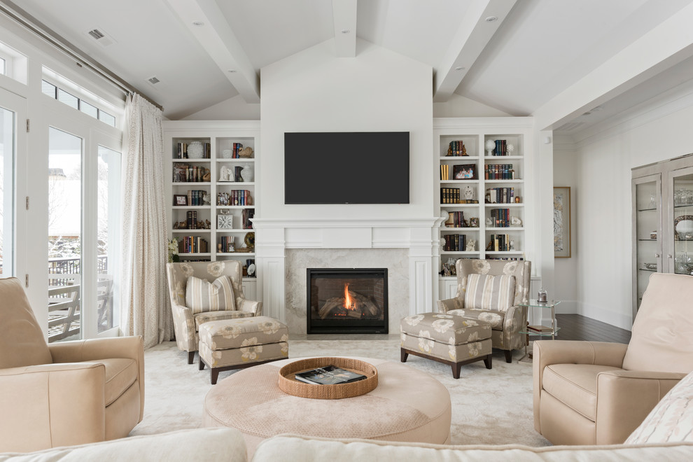 Inspiration for a transitional formal carpeted and beige floor living room remodel in Salt Lake City with white walls, a standard fireplace, a brick fireplace and a wall-mounted tv