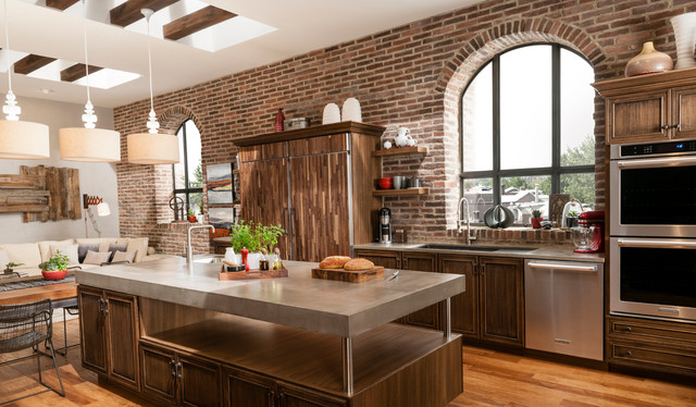 Brick Accent Wall In Contemporary Loft Kitchen Transitional