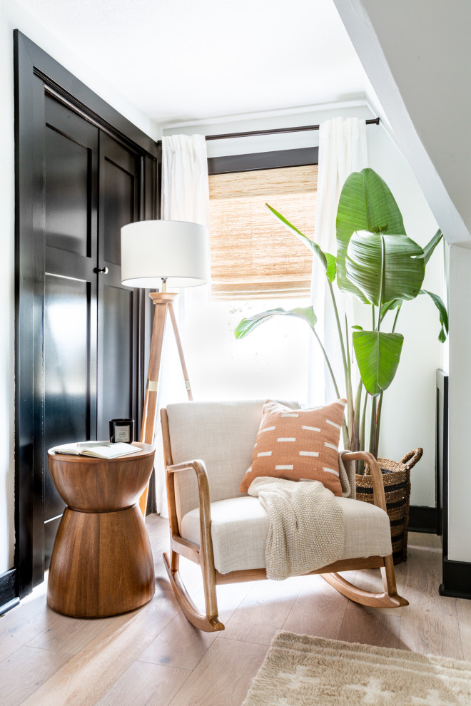 Large cottage open concept light wood floor and beige floor living room photo in Kansas City with white walls and a wall-mounted tv