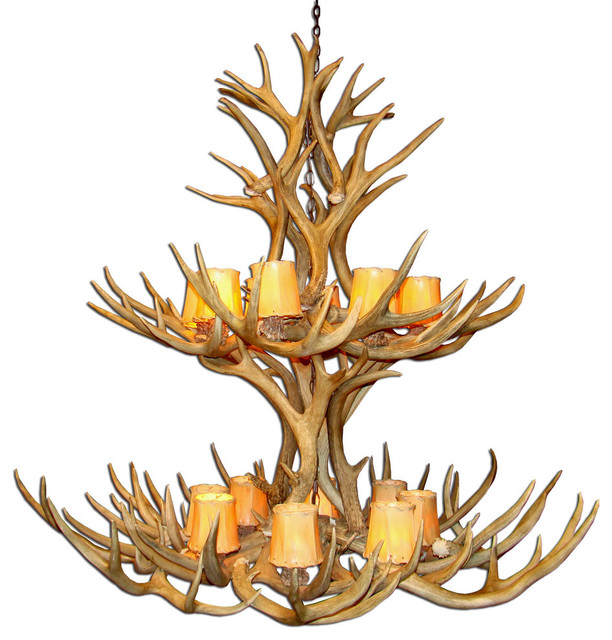 Mule Deer Double Tier Antler Chandelier Light, Extra Large, Parchment Shades