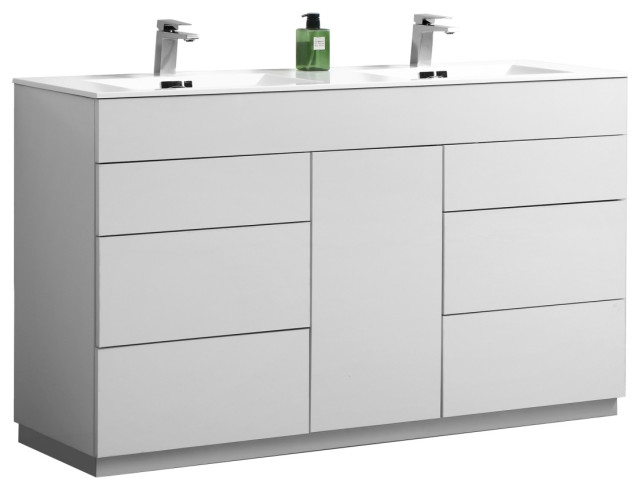 Milano 60 Double Sink Floor Mount, Modern Double Vanity Sink