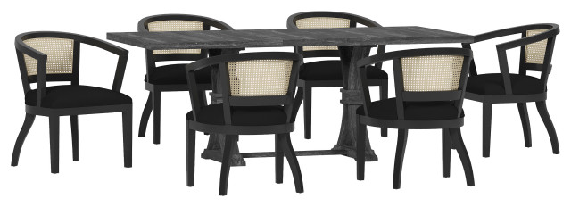 Aubrietta Traditional Upholstered Wood and Cane 7 Piece Dining Set, Black, Velvet