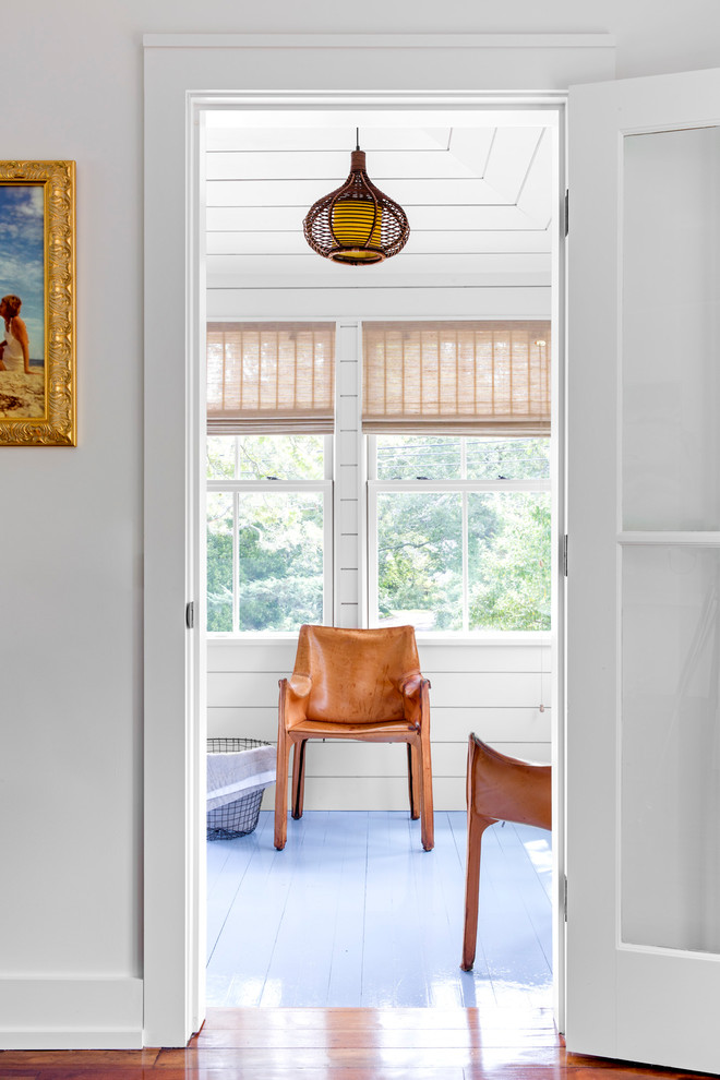 Small beach style sunroom in Boston with painted wood floors, no fireplace, a standard ceiling and blue floor.