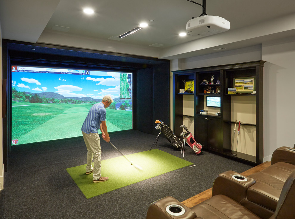 Example of a transitional carpeted basement design in Chicago