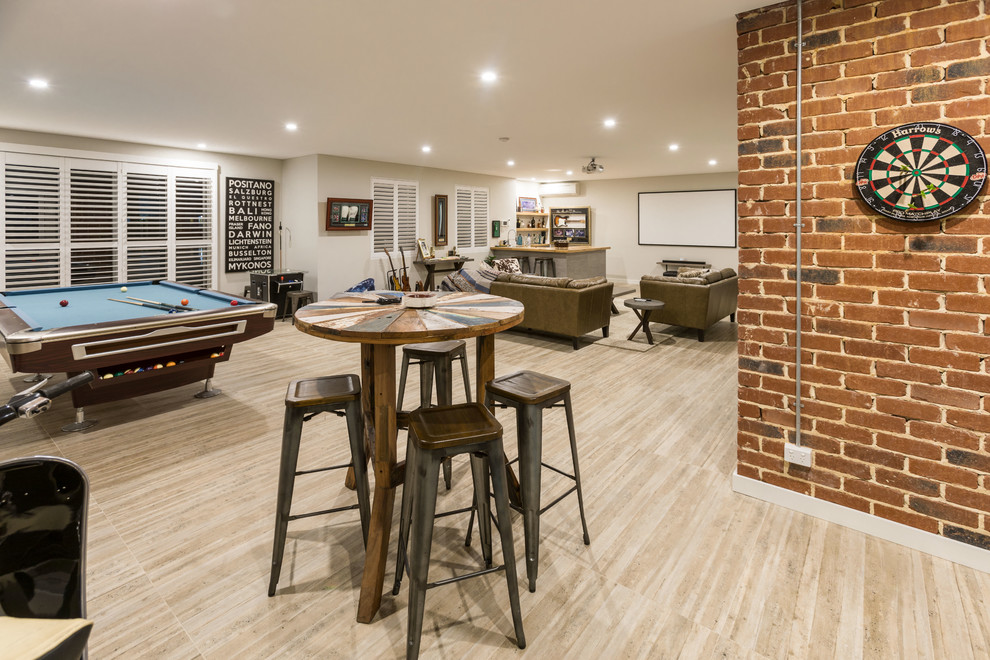 Design ideas for an expansive country walk-out basement in Perth with grey walls, light hardwood floors and brown floor.