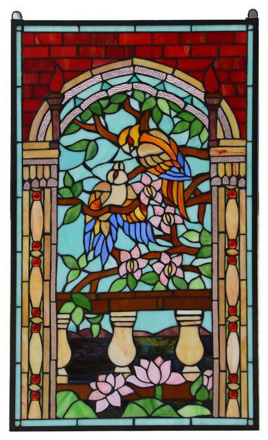 Large Tiffany Style stained glass window panel Love Bird Two Parrot 20.75" x 35"